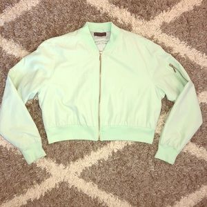 Mint Green Cropped Bomber Jacket